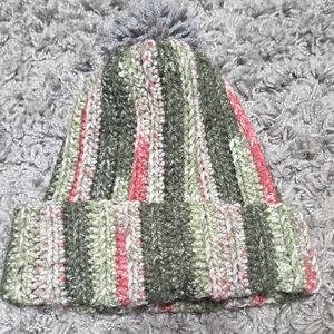 Handmade Striped Knit Beanie with Pom Pom